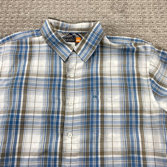 QUIKSILVER Shirt Men Large L Blue White Brown Plaid Button Up Casual Pocket Surf - Picture 2 of 12